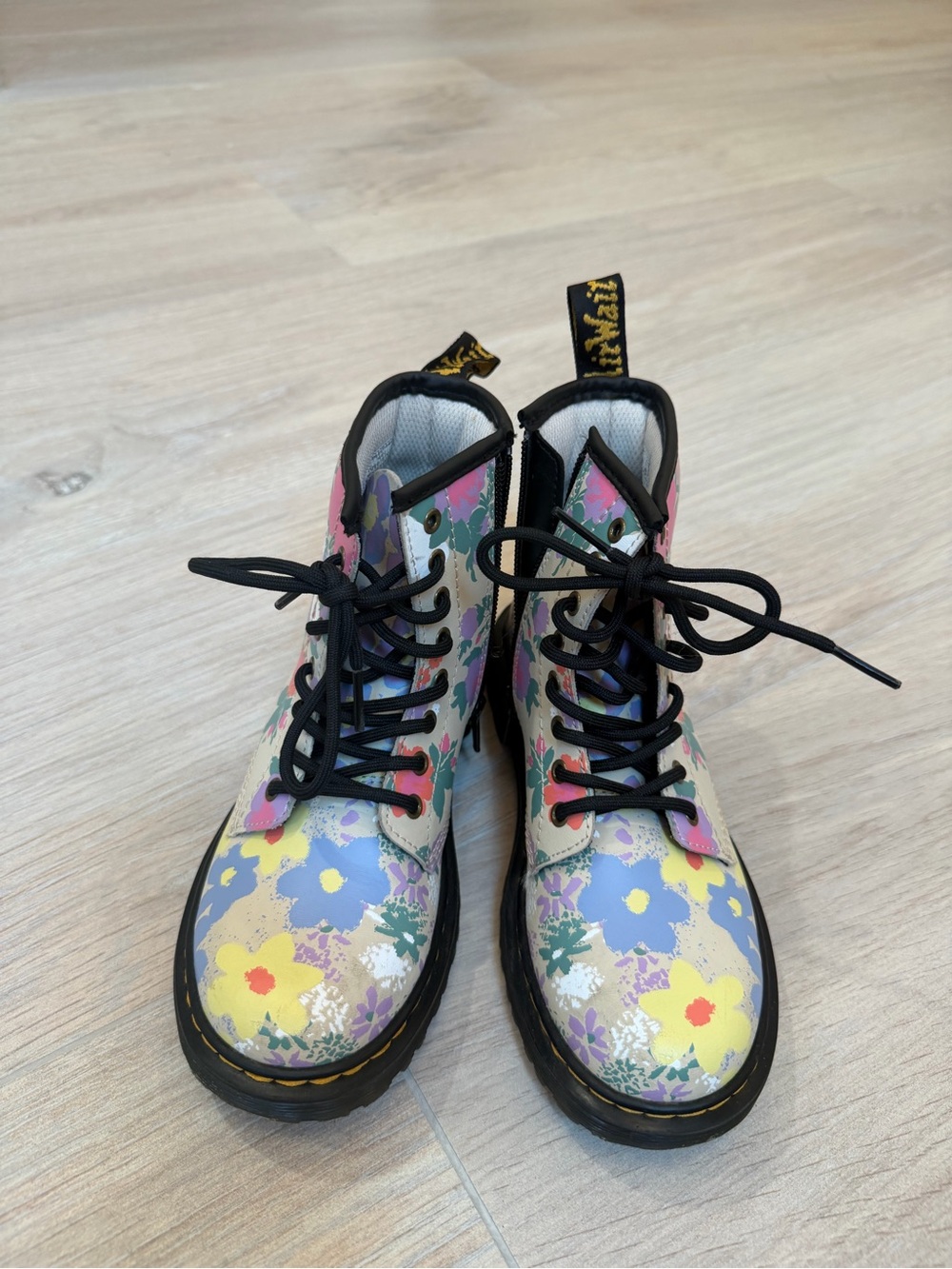 Dr. Martens Girl’s Floral Print Lace-Up Boots in Black, Yellow, Blue, Pink